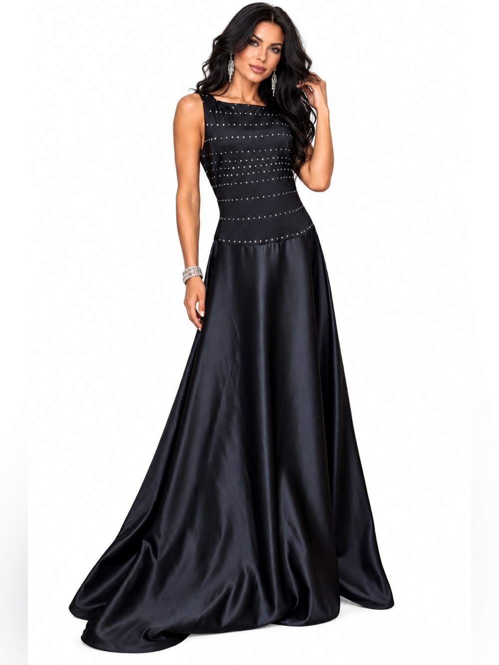 Tadashi Black Sleeveless Long Evening Gown Rhinestone Bodice